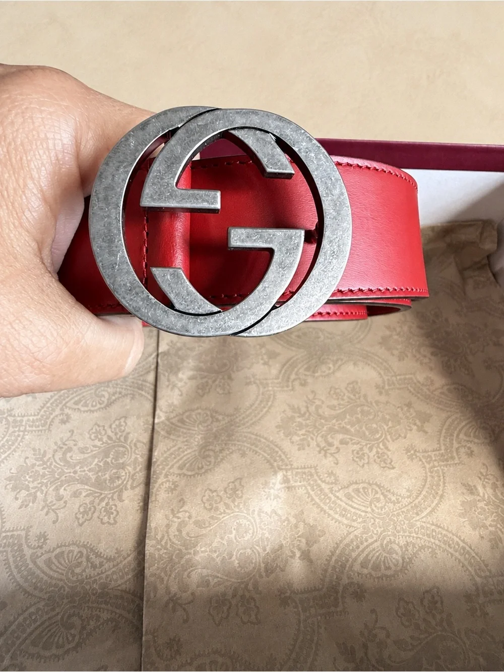 Authentic Men's Gucci Red Selleria Interlocking G Leather Buckle Belt